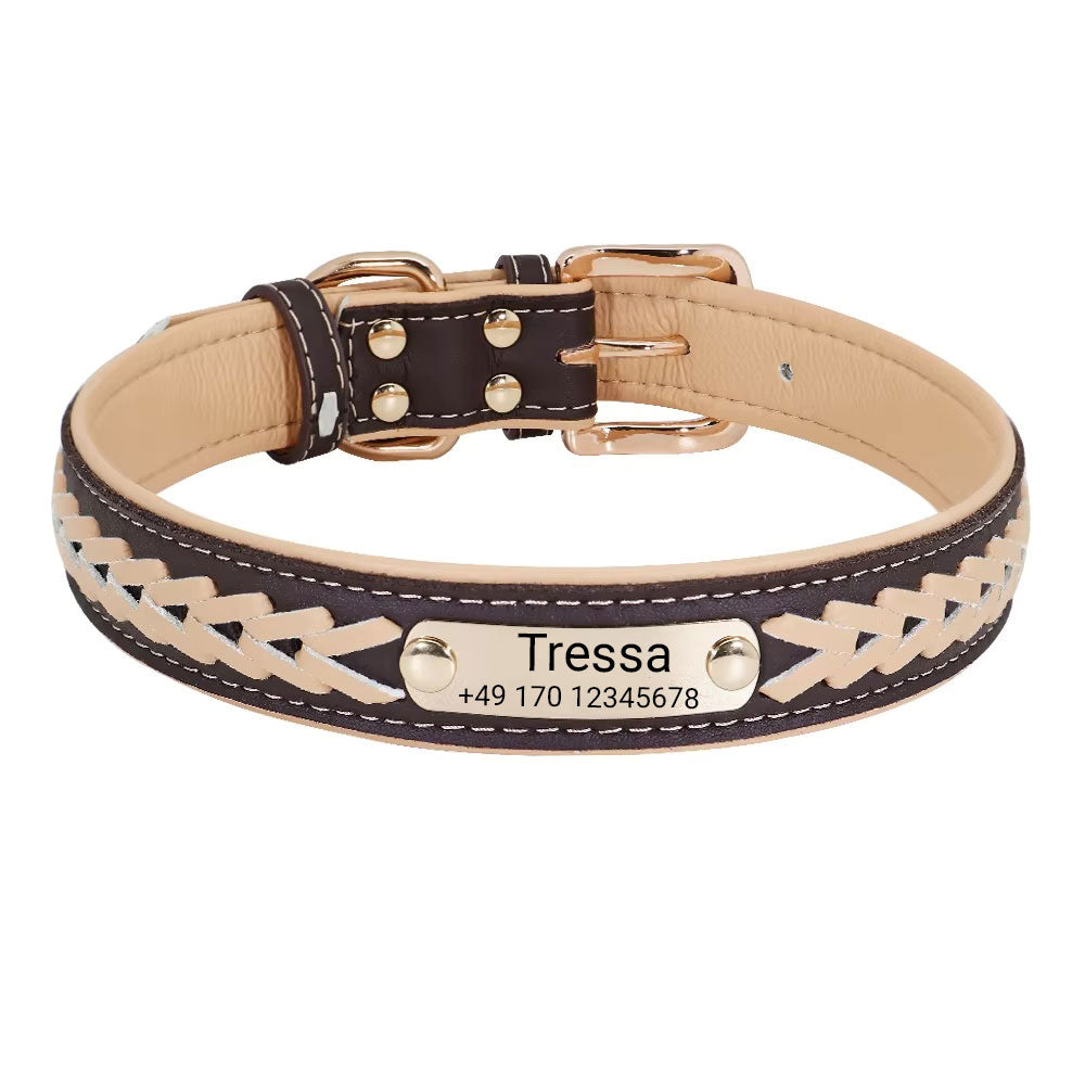 Koiran kaulapanta nimellä "Tressa". Kaiverrus nimellä ja puhelinnumerolla, saatavana kolmessa eri koossa