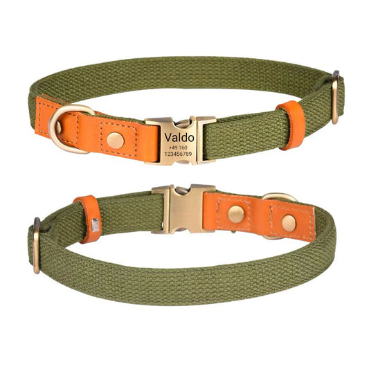 Koiran kaulapanta "Valdo" kaiverruksella - kestävä PE-kangas ja nahka - matta messinki - laivastonsininen, vaaleansininen tai vihreä (S-L).