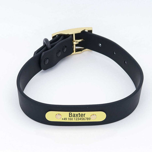 Vedenpitävä koirapanta "Baxter" kaiverruksella - Nimi ja puhelinnumero - Ulkona - Vihreä tai musta - S, M, L