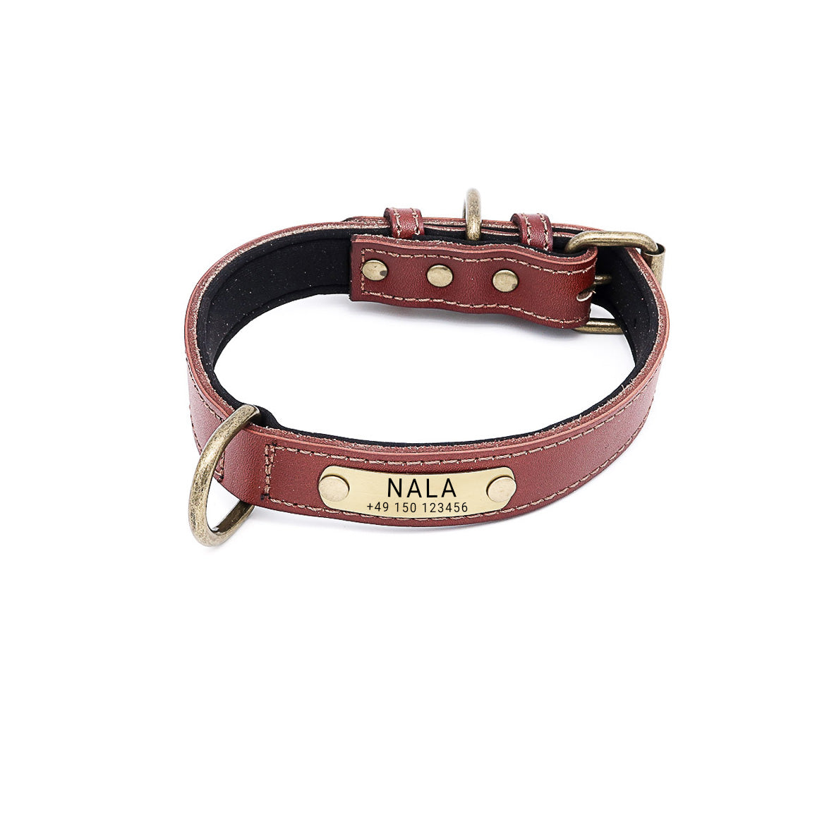 Braunes Leder Hundehalsband mit Name und Telefonnummer. Graviert auf Messingschild. Vintagelook der Schnalle. Neoprenpolsterung mit Polyestermesh