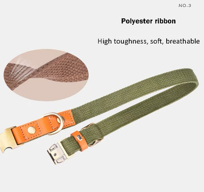 Koiran kaulapanta "Valdo" kaiverruksella - kestävä PE kangas ja nahka - matta messinki - laivastonsininen, vaaleansininen tai vihreä (S-L).