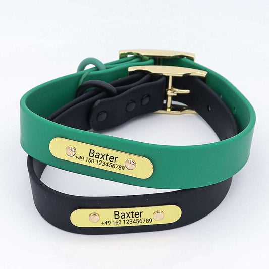 Vedenpitävä koirapanta "Baxter" kaiverruksella - Nimi ja puhelinnumero - Ulkona - Vihreä tai musta - S, M, L