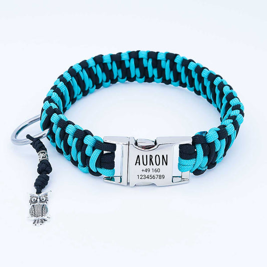 Paracord koiran kaulapanta "Auron", jossa kaiverrus nimi ja puhelin soljessa, kolme eri kokoa.