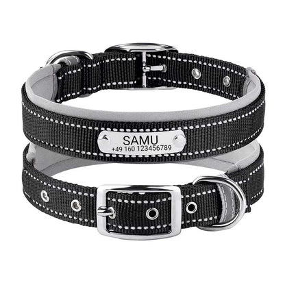 Kaiverrettu koiran kaulapanta "Samu", jossa on heijastava turvaompelu. Henkilökohtaistaminen nimellä ja puhelinnumerolla