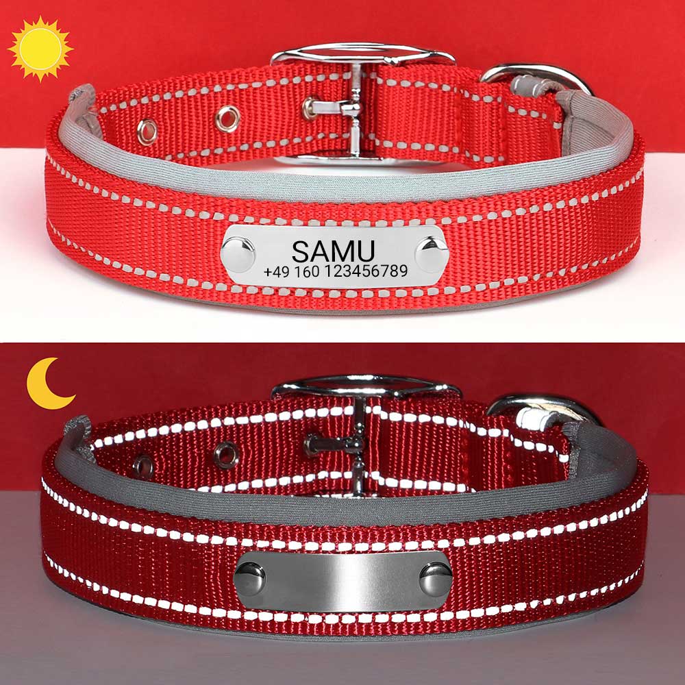 Kaiverrettu koiran kaulapanta "Samu", jossa on heijastava turvaompelu. Henkilökohtaistaminen nimellä ja puhelinnumerolla