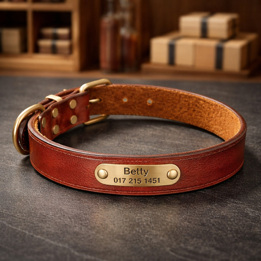 Nahkakoiran kaulus, jossa on kultavärinen tuotemerkki, kaiverruksen nimi ja puhelin