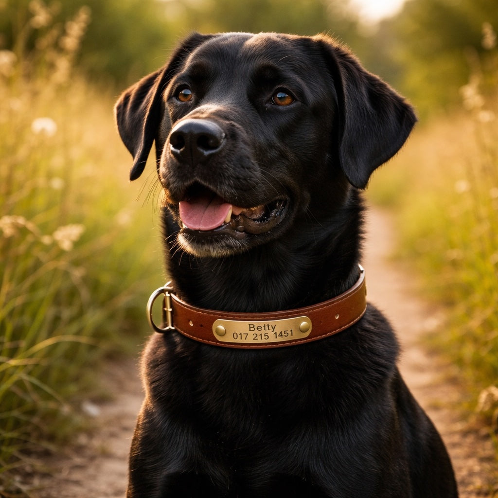 Nahkakoiran kaulus, jossa on kultavärinen tuotemerkki, kaiverruksen nimi ja puhelin