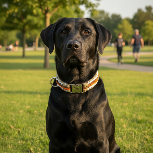 Arlo - Käsintehty paracord-kaiverruksella varustettu koiran kaulapanta | Oranssi-ruskea-valko-beige