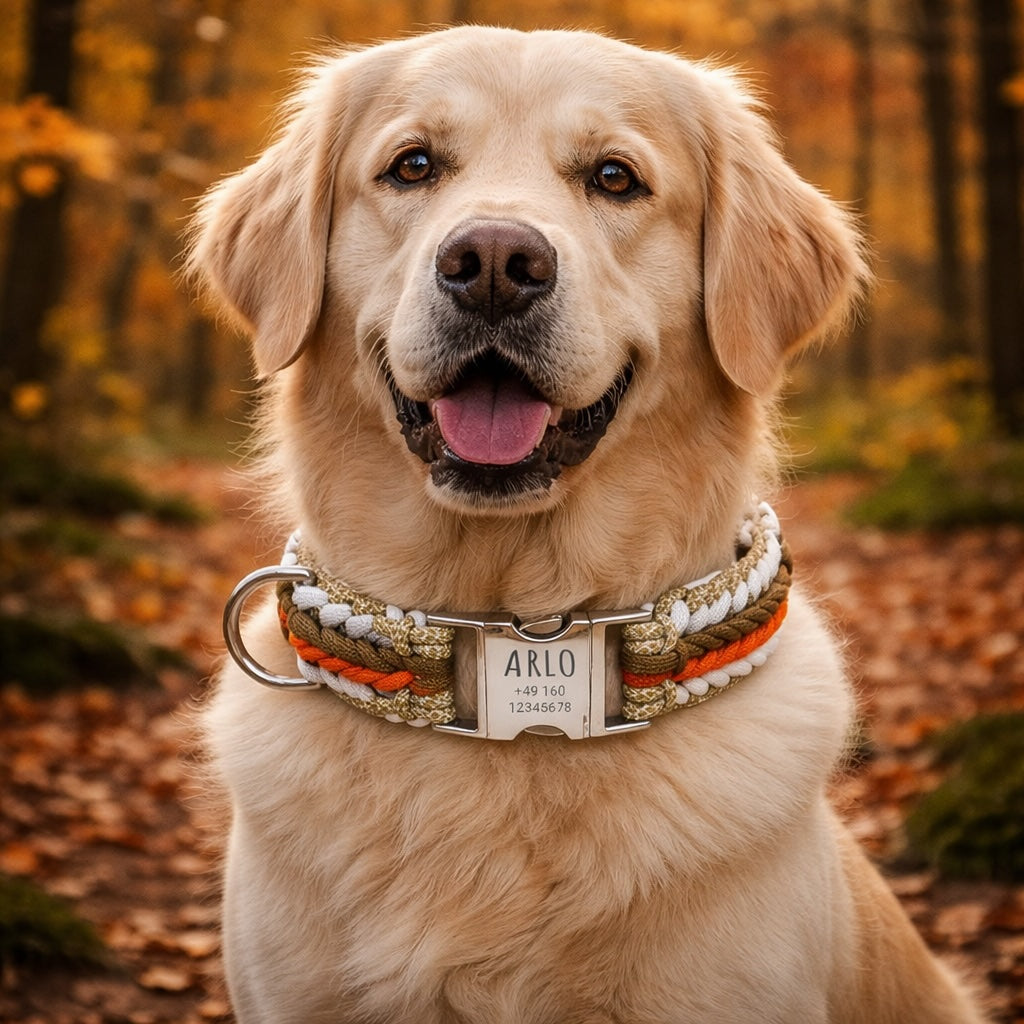 Arlo - Käsintehty paracord-kaiverruksella varustettu koiran kaulapanta | Oranssi-ruskea-valko-beige