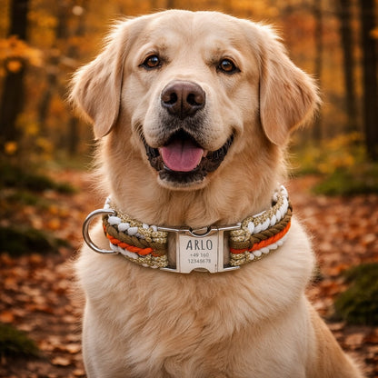 Arlo - Käsintehty paracord-kaiverruksella varustettu koiran kaulapanta | Oranssi-ruskea-valko-beige